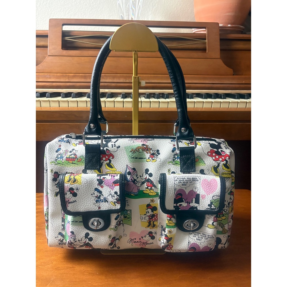 Disney Parks Mickey & Minnie Mouse Print Satchel Handbag Double Pocket Purse